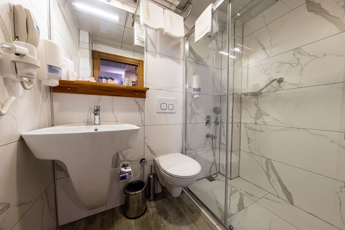 shower, rainfall showerhead, free toiletries, hair dryer