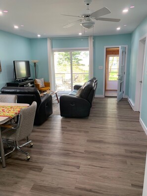 Una Smart TV, una chimenea, un reproductor de DVD