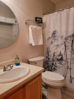 Combined shower/tub, hair dryer, towels, soap