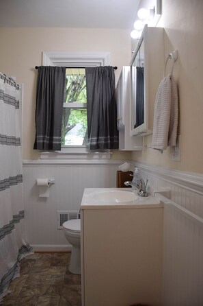 Combined shower/bathtub, towels, toilet paper