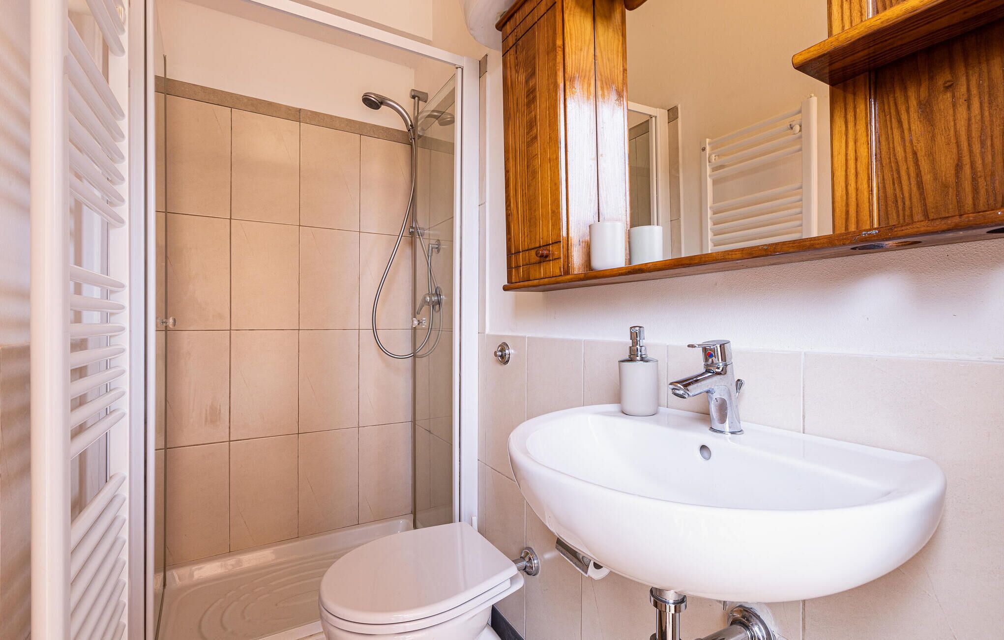 Une salle de bain avec douche, toilettes et lavabo.