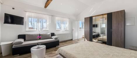 A modern bedroom with a large bed, a sofa, a TV, and a mirror.
