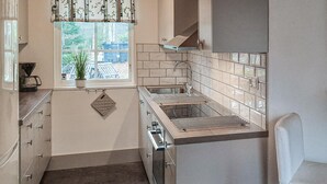 Una cocina compacta con ventana, un lavamanos y una encimera.