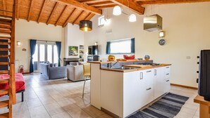 Una cocina moderna con una isla central, un área de comedor con un sofá y una sala de estar con chimenea.