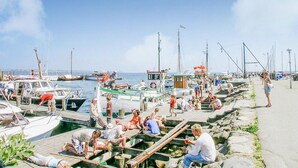 Una marina con barche ormeggiate, persone che si rilassano sui moli, e un cielo sereno.
