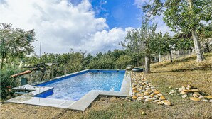 Una piscina rectangular con borde de piedra, rodeada de césped, árboles y un muro de piedra.