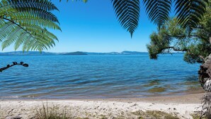 A beach with clear water, a sandy shore, and a tree with fern leaves. - Toka Ridge Lake View, Lux Villa 2bd2bth w/ HotTub (Hamurana)
