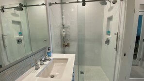 Combined shower/tub, hair dryer, towels, soap