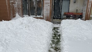 A snow-covered pathway leading to a building with a brick facade and a door.