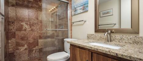 A bathroom with a glass-enclosed shower, a white toilet, a granite countertop, wooden cabinets, and a large mirror.