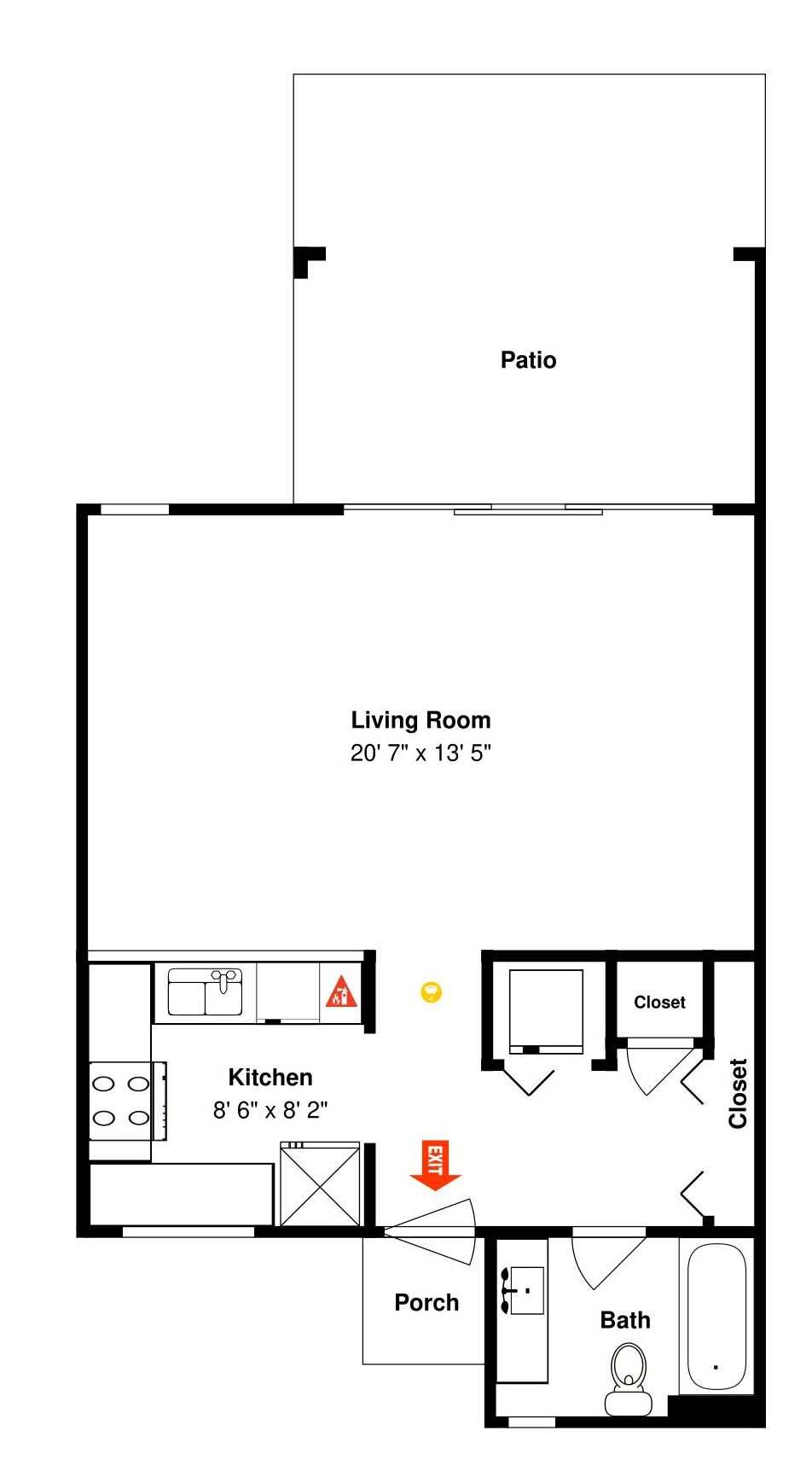 Un plan d’étage comprenant un patio, un salon, une cuisine, un placard, une véranda et une salle de bain.