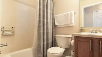 Combined shower/tub, hair dryer, soap, shampoo