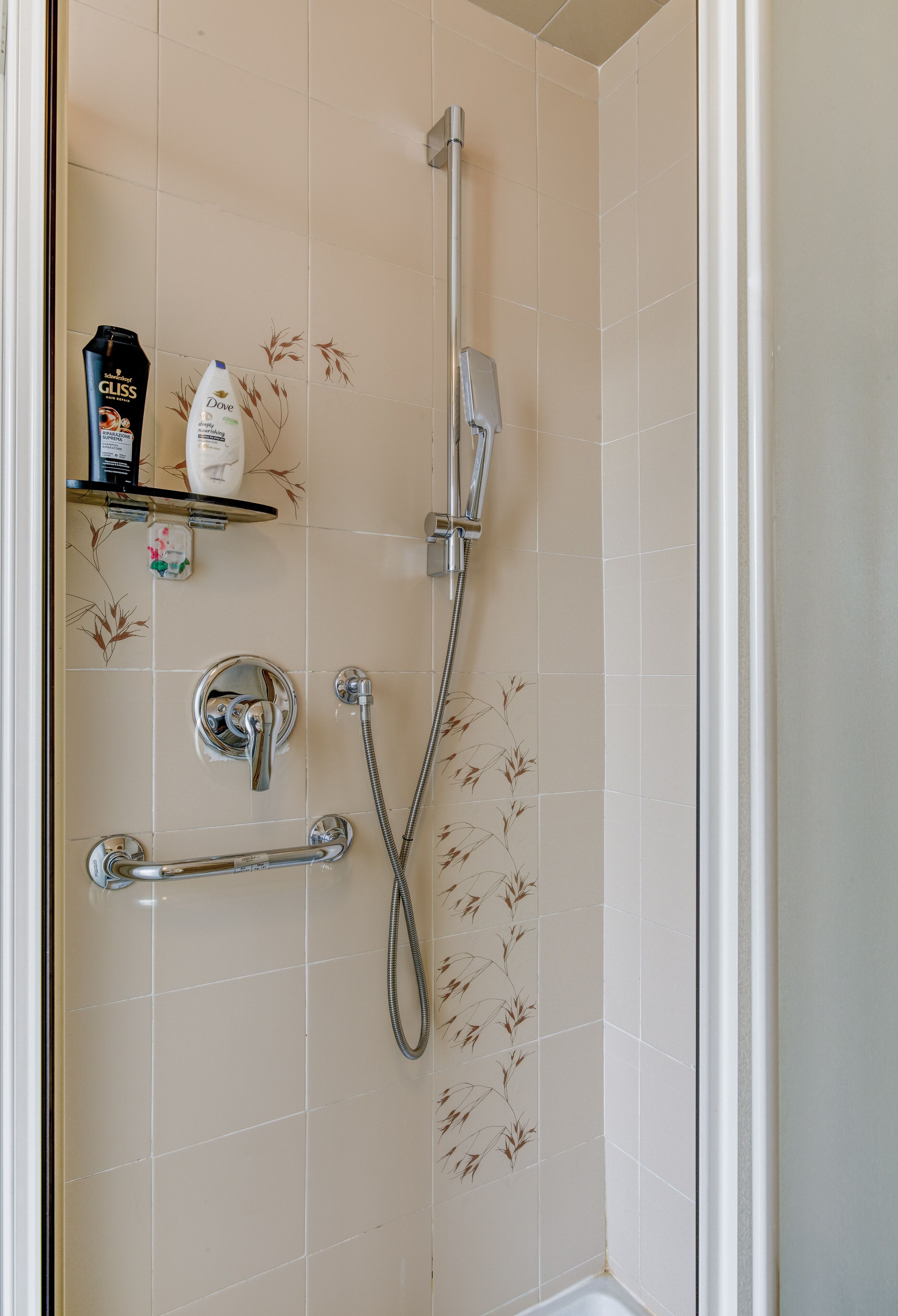 Een douche met een handdouche, een wandmengkraan en bediening voor de handdouche. Er is een plank met toiletartikelen en een handdoekhouder.