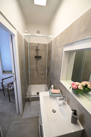 Douche, sèche-cheveux, serviettes fournies, savon