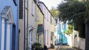 A narrow street lined with colorful buildings, a paved sidewalk, and potted plants. - 13 Above Town (Dartmouth)