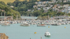 A marina with numerous boats docked, surrounded by a hillside town with houses. - 13 Above Town (Dartmouth)