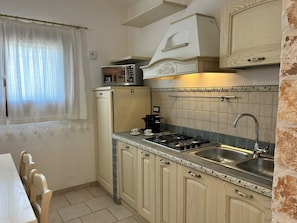A compact kitchen with a gas stove, a coffee maker, a microwave, and a sink.