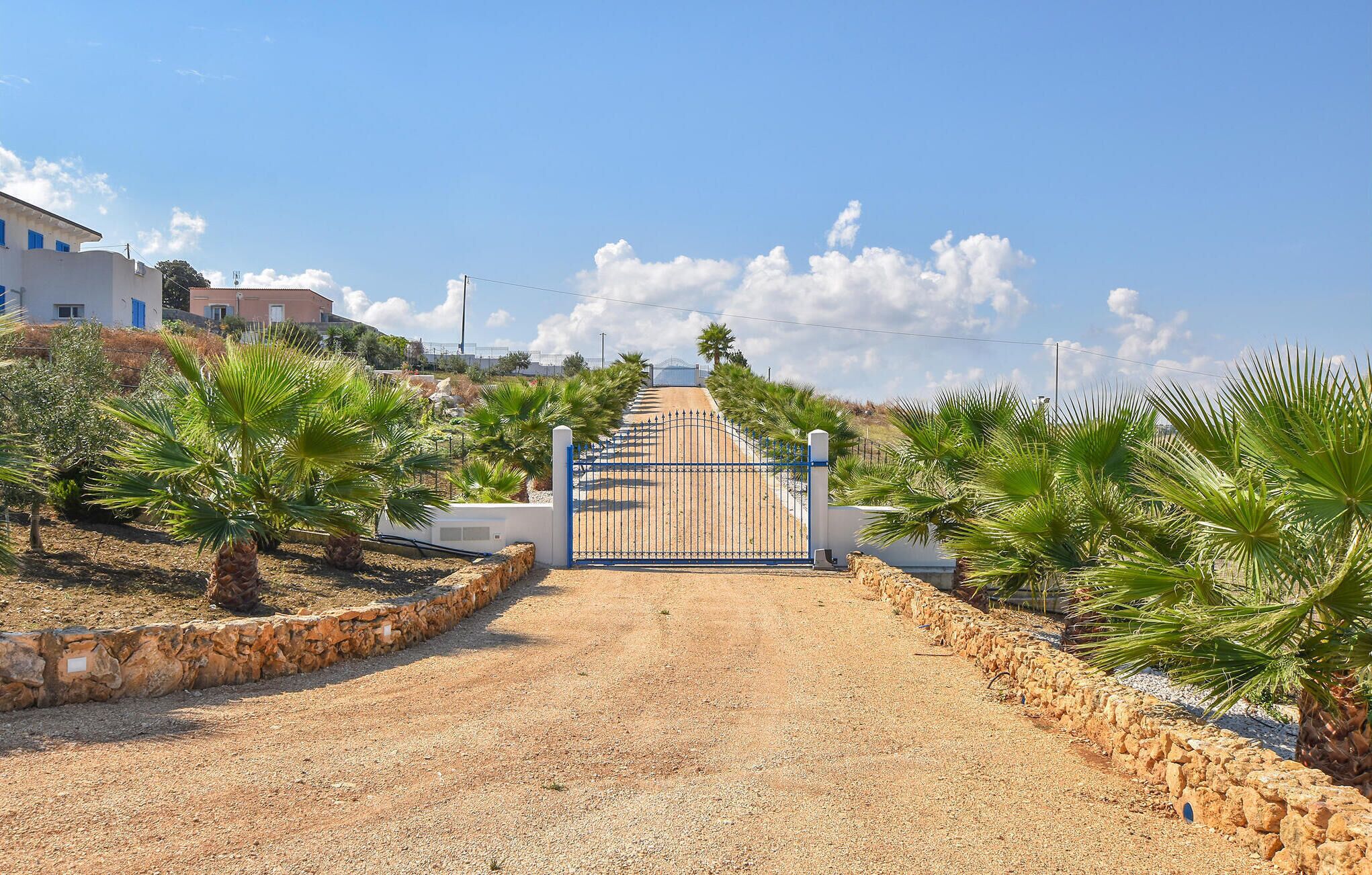 A gravel driveway leading to a gated entrance with palm trees on either side.