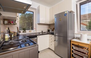 Fridge, stovetop, dishwasher, coffee/tea maker