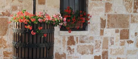 Una bomba de agua rústica al aire libre con una maceta de flores unida, frente a un muro de piedra con una ventana.