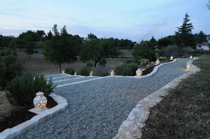Un camino de grava con luces decorativas y plantas, rodeado de árboles y un muro de piedra.