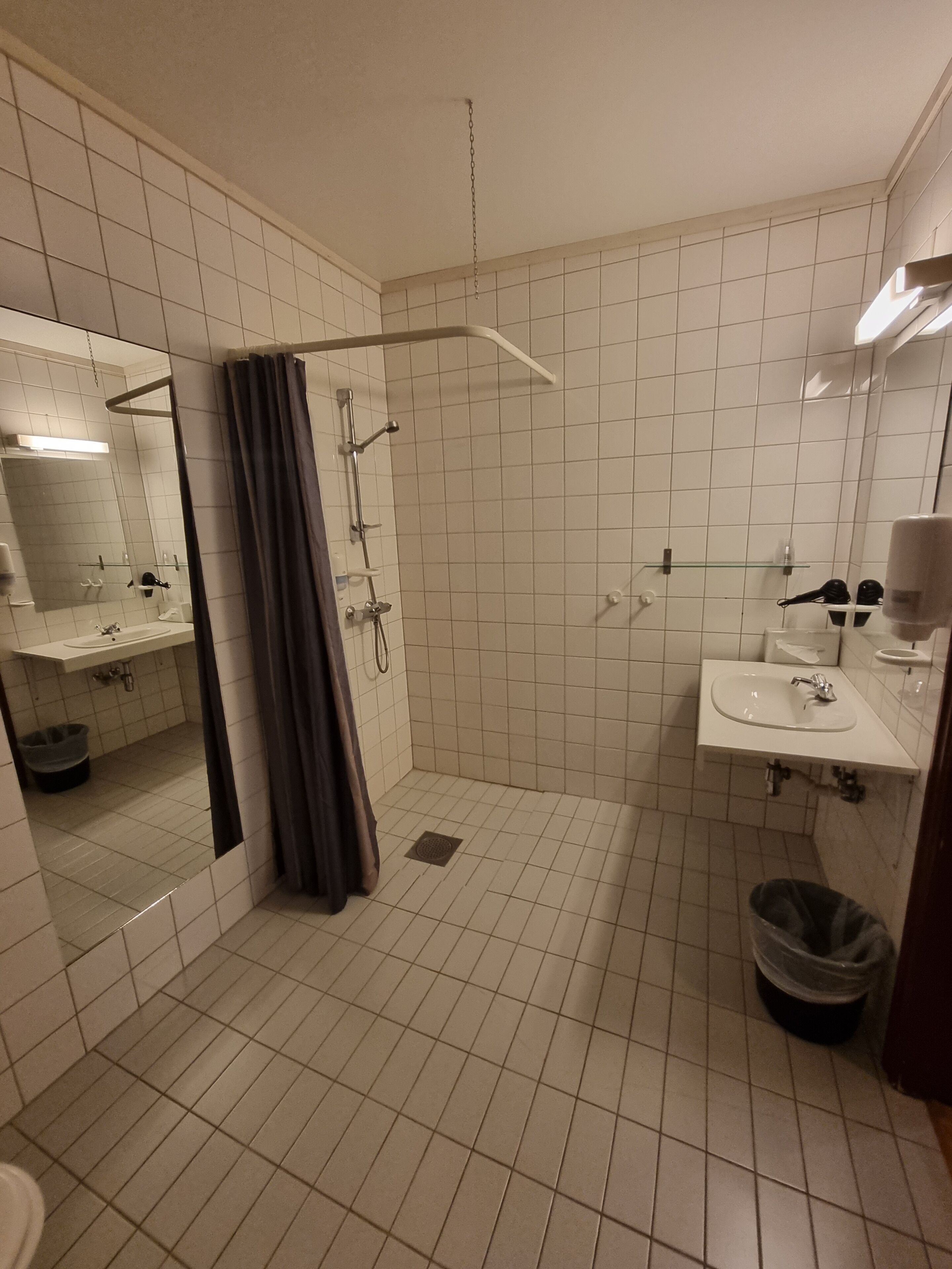 A bathroom with a shower, a sink, a mirror, and a trash bin.
