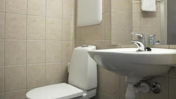 A bathroom with a toilet, sink, and mirror.