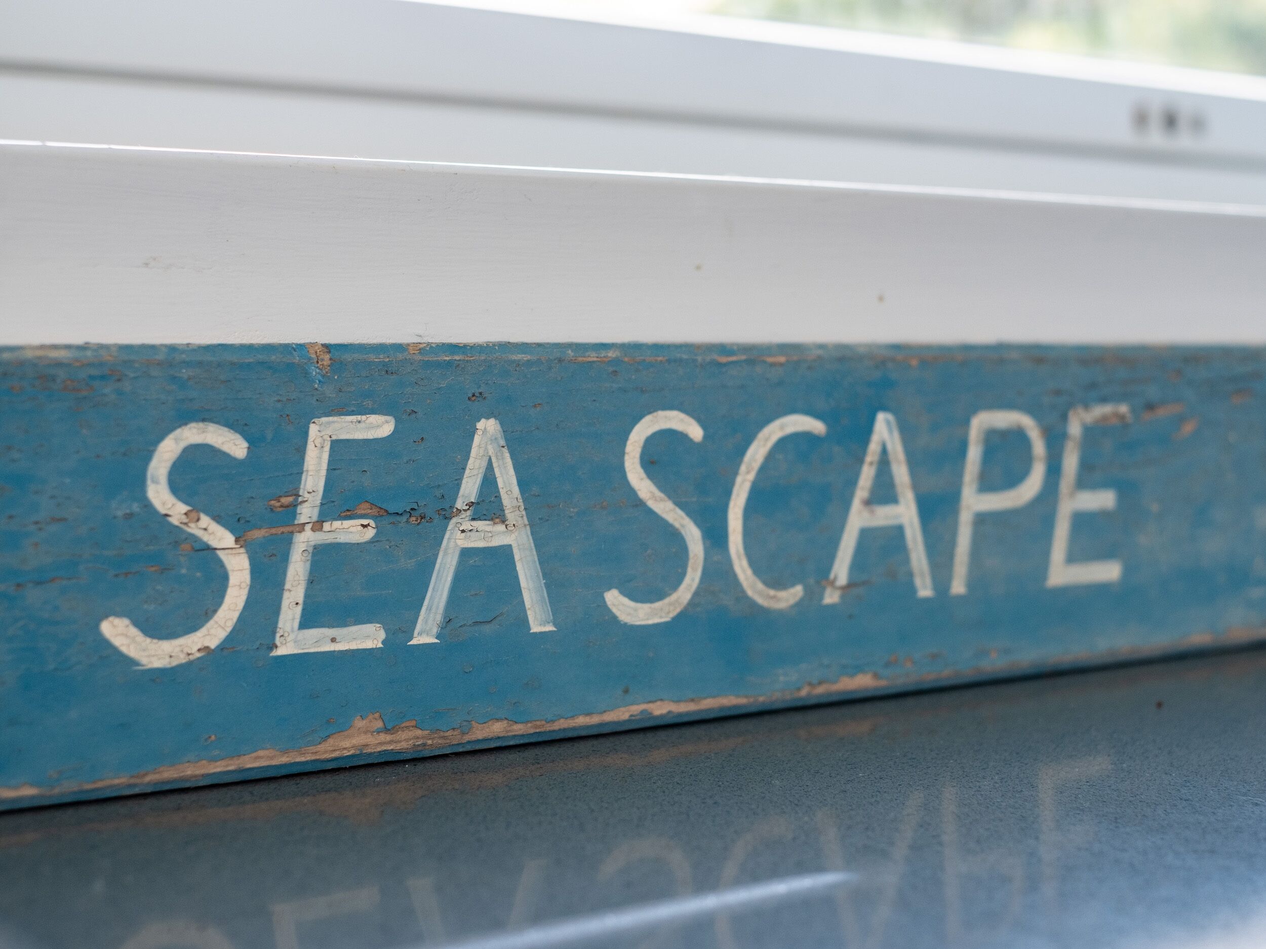 Um sinal azul com as palavras 'SEA SCAPE' em letras brancas.
