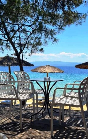 근처 해변, 일광욕 의자, 비치 파라솔, 비치 바