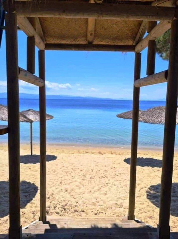 Playa en los alrededores, camastros, sombrillas y bar en la playa