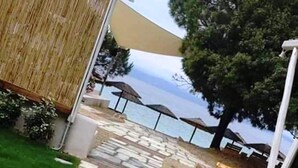 بالقرب من الشاطئ، كراسي للتشمس، مظلات الشاطئ، بار على الشاطئ