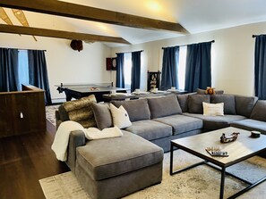 Smart TV, fireplace, video games, DVD player