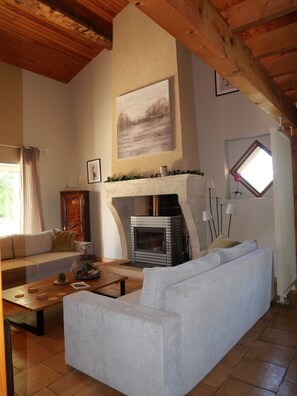 Smart TV, fireplace, books, stereo