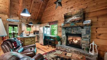 Smart TV, fireplace, books