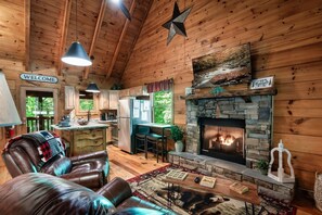 Smart TV, chimenea y libros 