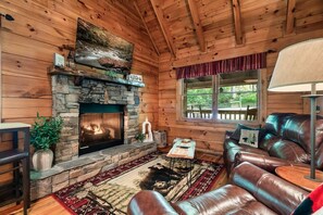 Smart TV, fireplace, books