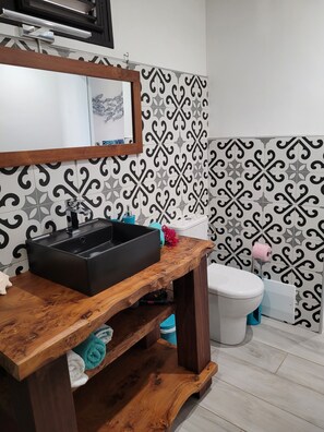 Douche, séchoir à cheveux, serviettes fournies