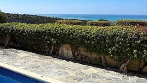 Un espace piscine bordé de pierres, offrant une vue sur la mer.