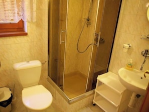 Bathroom features a glass-enclosed shower, handheld showerhead, and wall-mounted faucet.