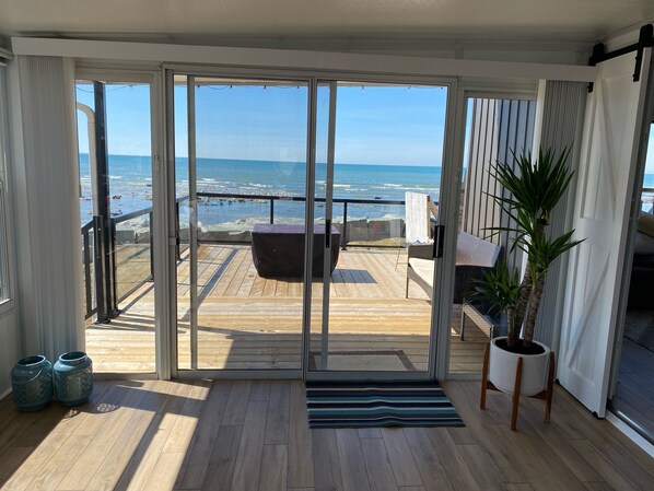 A room with a wooden floor, a sliding glass door leading to a balcony with a view of the ocean, a potted plant, and a striped rug.