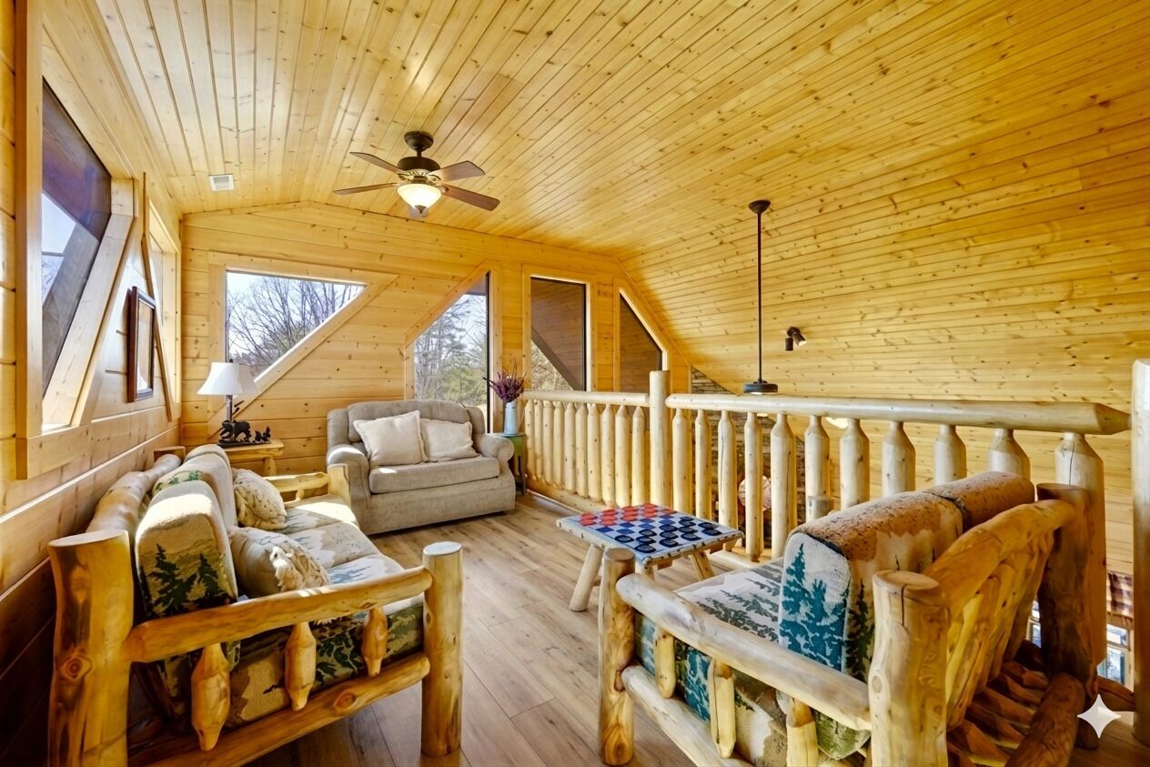A wooden cabin interior with a sofa, a table, and a railing.