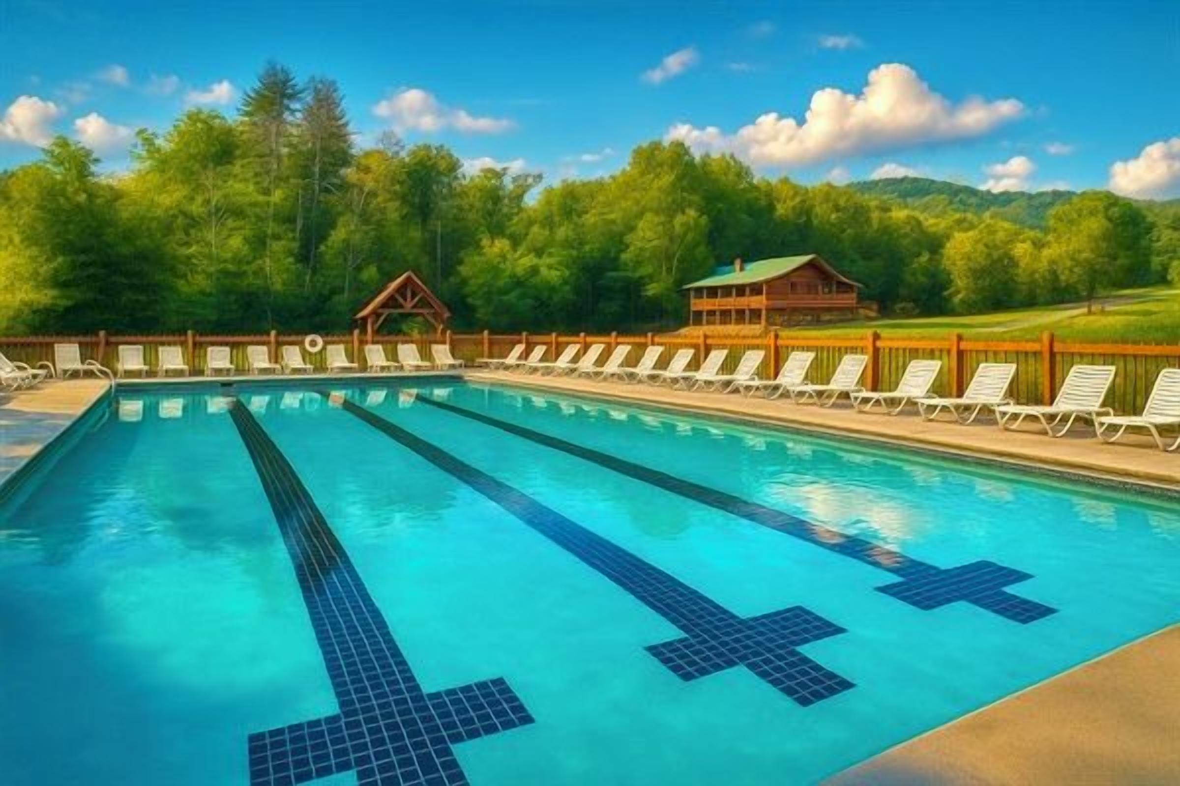 Une piscine avec des chaises longues et un chalet en bois situé dans une zone boisée.