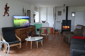 TV connectée, cheminée, lecteur de DVD, baby-foot