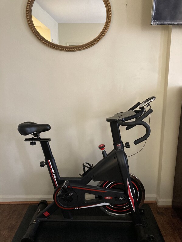 A stationary bike in a room with a mirror on the wall and a television on the right. - Close to Yale (New Haven)