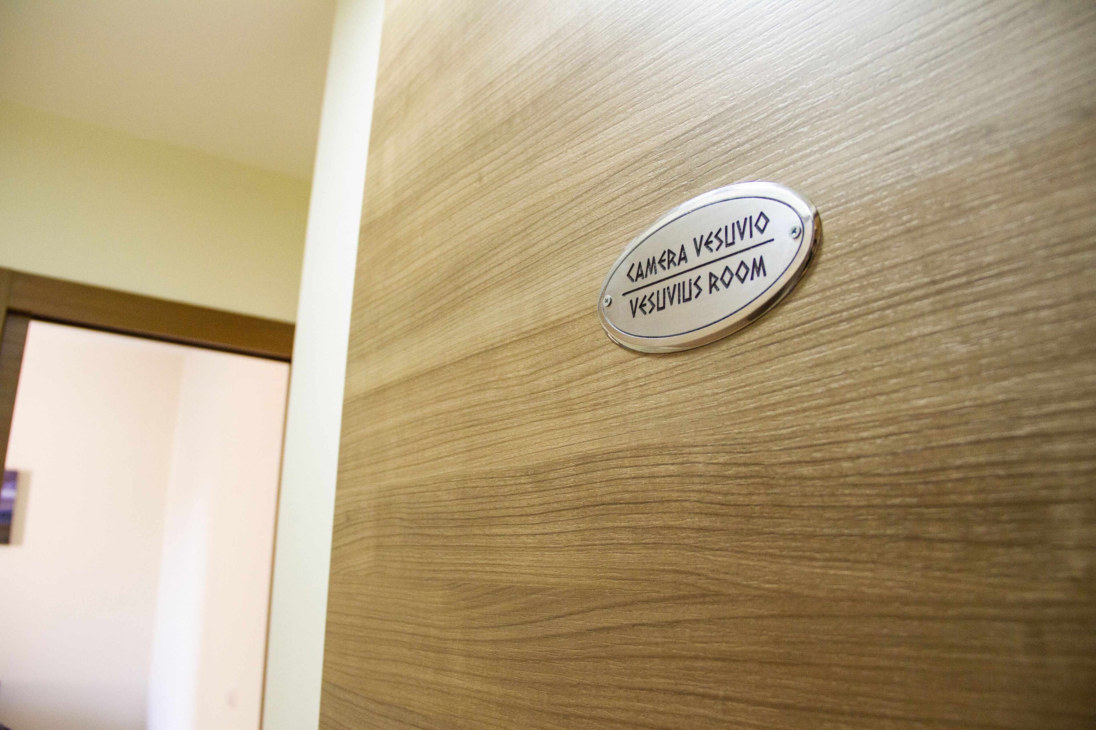 A wooden door with a sign indicating "Camera Vesuvio" and "Vesuvius Room".