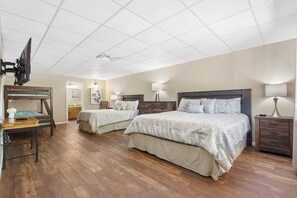 4 bedrooms, desk, iron/ironing board, travel cot