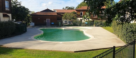 A swimming pool with a curved design, surrounded by a concrete deck and a grassy area.