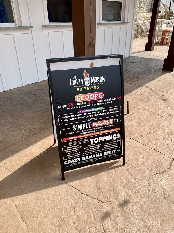 A menu board for The Crazy Mason Express milkshake bar and ice cream shop. - Huge 4BDR/3BA cottage  in Stormy Point Village with fireplace and rec room! (Branson)