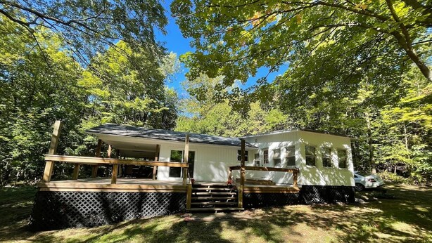 Une cabane dotée d’une terrasse et d’un porche abrité, entourée d’arbres.