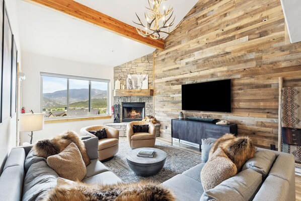 Smart TV, chimenea y libros 